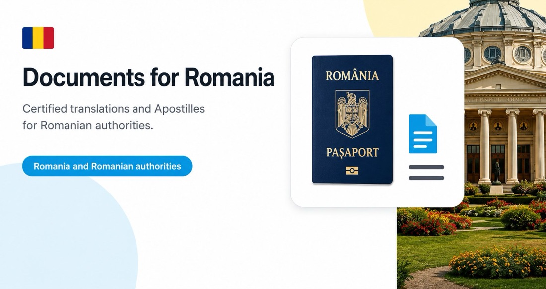 Documents for Romania: Romanian passport and document illustration in front of the Romanian Athenaeum, Bucharest