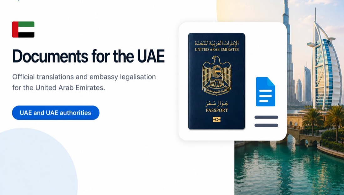 Documents for the UAE: UAE passport and document illustration in front of the Burj Al Arab, Dubai
